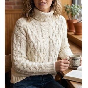 Cable Knit Turtleneck Sweater M Ivory Chunky Cozy Preppy Coastal Hygge Cottage